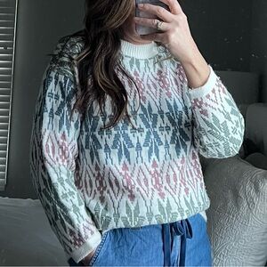 VINTAGE 80s Pastel Nordic Floral Snowflake Sweater Size M